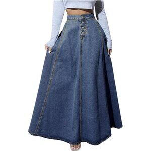 Women's Retro High WaistedDenim Maxi Skirts Dark Blue